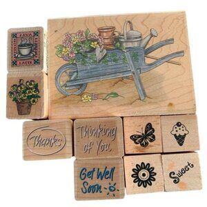 Floral & Whimsical Wood Rubber Stamp Set Gardening Thanks & Butterfly Designs